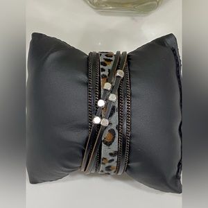2/$25 NEW Black Gray Leopard vegan leather bangle chain bracelet trendy women